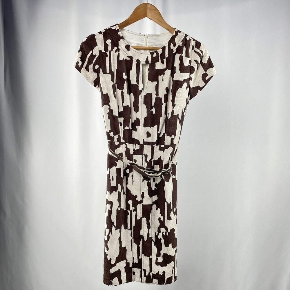 Trina Turk Cap Sleeve Animal Print Belted Sheath Dress In Brown Cream Size 2